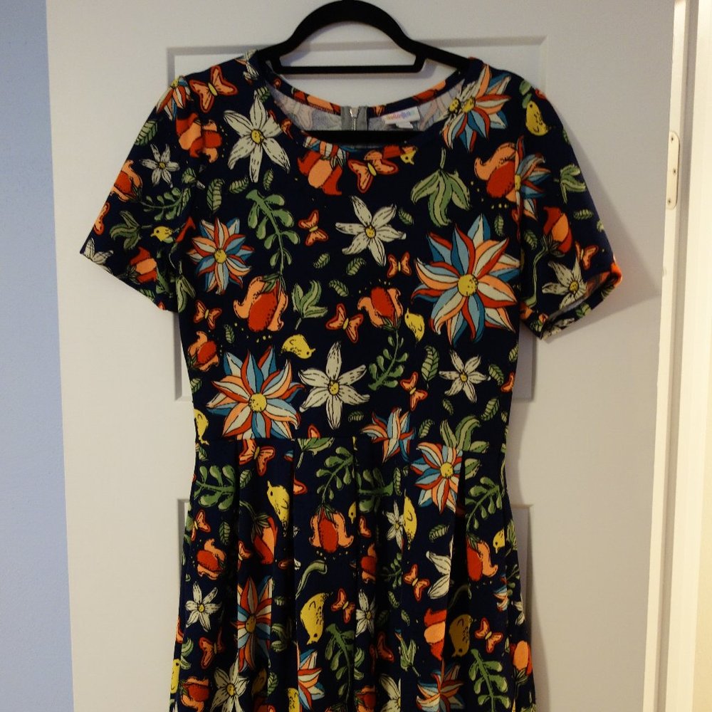 LuLaRoe Amelia Dress -- Navy with Flowers & Birds